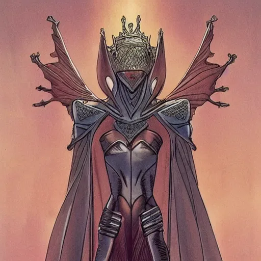 Prompt: beautiful portrait of the masked queen, phyrexian god, beautiful futuristic cape, elegant, ornamental armor, intricate, in the style of moebius