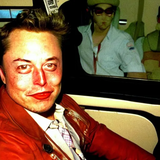 Prompt: gonzo reporter retro photo of drunked elon musk aka bus driver in bus, fear and loathing in las vegas style, by hunter thompson
