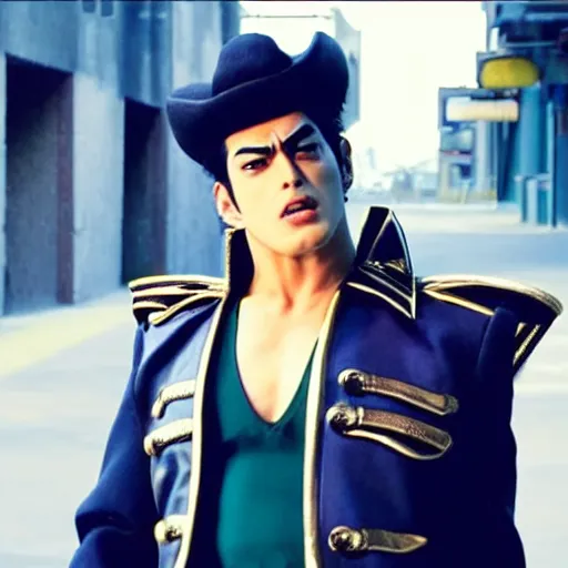 Image similar to a photograph of jotaro kujoh from a live action version of jojo's bizarre adventure, filmic, cinematographic