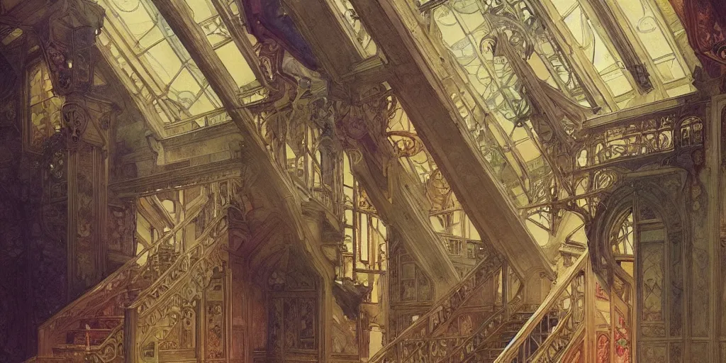 Prompt: a beautifull intricate watercolor painting of a hall with stairs, reflexions, verry high details, colorfull, by william turner art, by greg rutkowski, by alphonse mucha, by james jean, by rossdraws, by frank franzzeta, by sakimichan, trending on artstation, very very detailed, masterpiece,