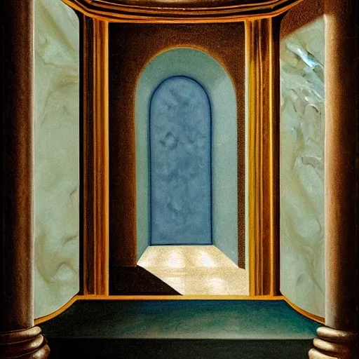 Image similar to still life painting of a room with a balcony and a marbled pedestal displaying an ancient holy artifact, centered in frame and shaped like a torus ring, chromed and ornate with gentle iridescent shine from within. perspective from the side. realistic light and shadows. moody fantasy art, still life renaissance pastel painting. close up