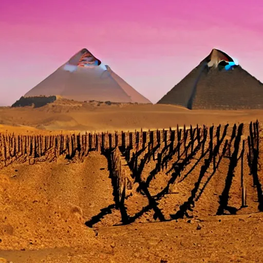 Prompt: wine buried in desert with the pyramids in the background, artistic, hot