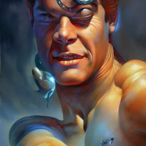 Image similar to detailed portrait of fry futurama intricate, hyper detailed, realistic, oil painting, by julie bell, frank frazetta, cinematic lighting
