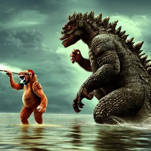 Image similar to Godzilla and Donkey Kong on a fishing trip, hyper realistic, HD, HQ, photo realistic