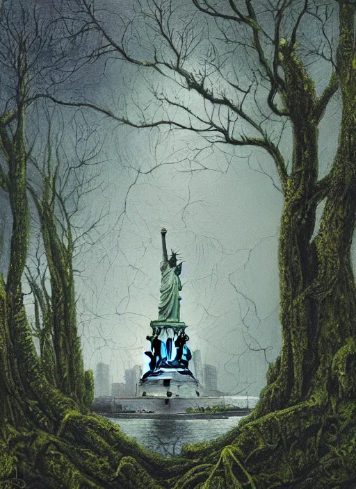 Image similar to hyper detailed oil painting of the statue of liberty; cracked, decaying, covered in moss and vines; thunderstorm; moody cinematic lighting, painted by Greg Rukowtski, trending on Artstation