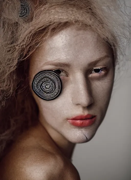 Prompt: a portrait of a woman by justin ridler with reflections in her eye, intricate clothing