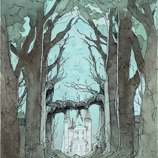 Prompt: james jean watercolor of a haunted castle in the woods, set an the end of a winding road