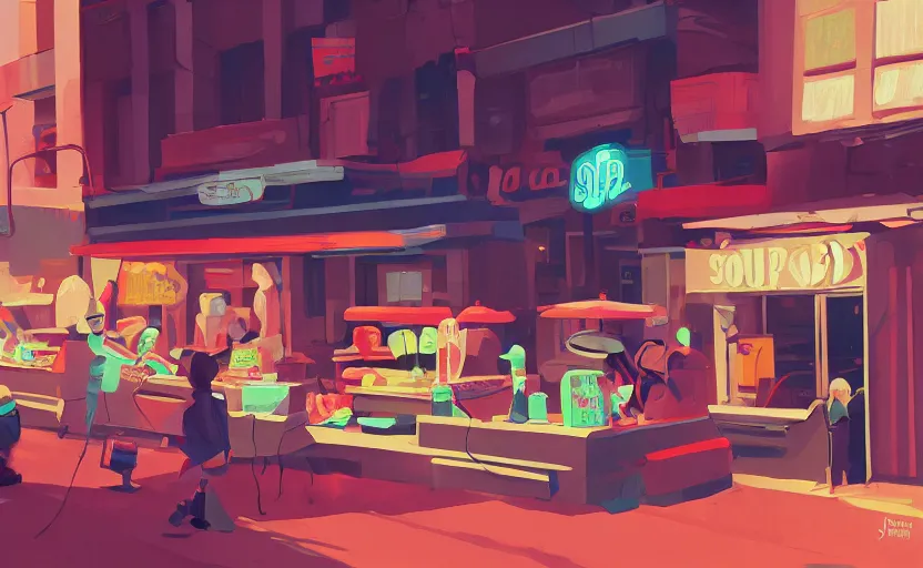 Image similar to soup shop in a busy market, aliens on the street, james gilleard, print, game art