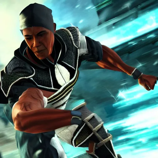 Image similar to screenshot of barack obama in mortal combat x, good graphic, highly detailed, rtx engine, nvidia geforce