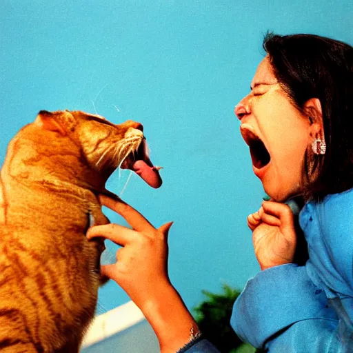 Prompt: egptian heiroglyphics depicting a woman screaming at a cat, high quality photograph, kodachrome film, 1 9 8 9