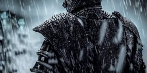 Prompt: The dark paladin with a heated sword in his hand and a burning flame with a sword in the rain. cinematic shot from back, realistic, 4K,