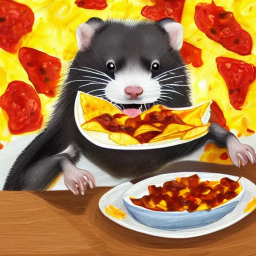 Image similar to a ferret eating a huge plate of nachos with enthusiasm, digital painting