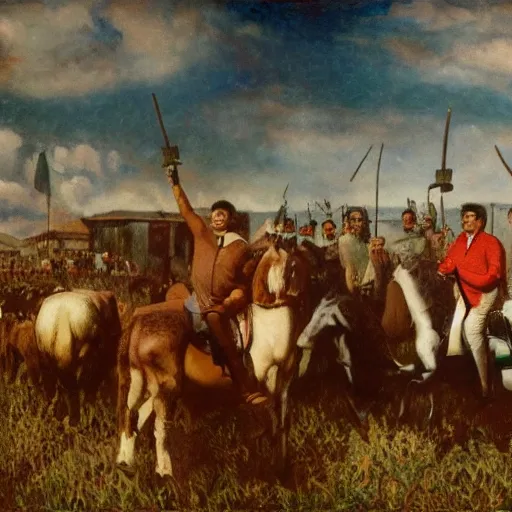 Prompt: pablo escobar as liberty leading the farmers in quarto stato by pellizza da volpedo, masterpiece 4 k digital, highly detailed, trending on artstation, award winning