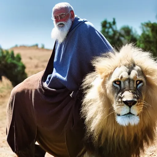 Image similar to old man ( wise long white beard wearing a hooded tunic ) riding on lions back