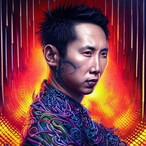 Image similar to portrait of donnie yen, hyper detailed masterpiece, neon floral pattern, jean giraud, digital art painting, darkwave goth aesthetic, psychedelic, artgerm, donato giancola and tom bagshaw