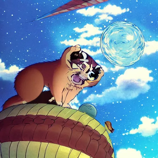 Prompt: a japanese tanuki flying in the sky with large balls, anime art style, ghiblie, miyazaki, beautiful, high detail