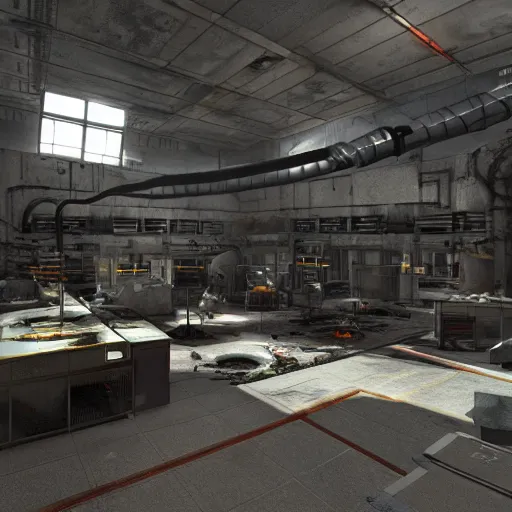 Image similar to a destroyed and burning research facility, black mesa, half - life, modern, lasers, pipes, scientists, photo realistic