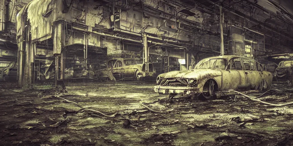 Image similar to close up of a car in an old industrial car factory, a ghostly figure is walking between the broken cars, everything is rusted and broken and covered in moss, night time low light, spooky and scary atmosphere, artstation,