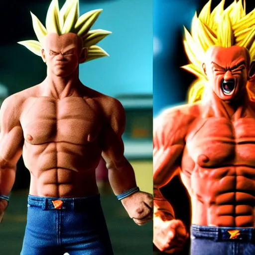 Image similar to Photo realistic live action Super Saiyan Frank Zappa vs Majin Bill Murray WWE takedown ray traced 8K anti-aliased highly detailed cinematic render award winning photography