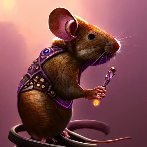 Image similar to armored mouse warrior reaching for a floating purple crystal, Digital Oil Painting, trending on Artstation, highly detailed, 8k, UHD