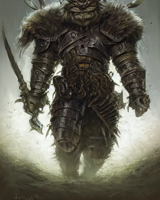 Image similar to Huge Bugbear warrior in armor, portrait, woodlands, magic the gathering artwork, D&D, fantasy, cinematic lighting, centered, symmetrical, highly detailed, digital painting, artstation, concept art, smooth, sharp focus, illustration, volumetric lighting, epic Composition, 8k, art by Akihiko Yoshida and Greg Rutkowski and Craig Mullins, oil painting, cgsociety