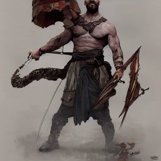 Image similar to Heisenberg as Kratos, highly detailed, digital painting, artstation, concept art, smooth, sharp focus, illustration, ArtStation, art by artgerm and greg rutkowski and alphonse mucha and J. C. Leyendecker and Edmund Blair Leighton and Katsuhiro Otomo and Geof Darrow and Phil hale and Ashley wood and Ilya repin and Charlie Bowater