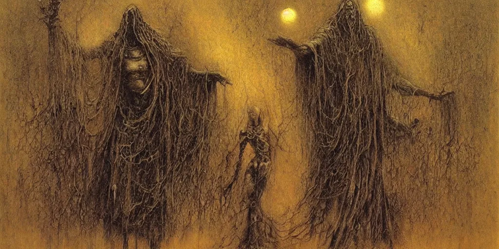 Image similar to ((black magic sorcerer with a book of spells)) by Beksinski, Luis Royo