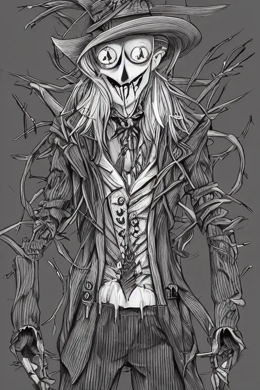 Prompt: villainous scarecrow, symmetrical, highly detailed, digital art, sharp focus, trending on art station, anime art style