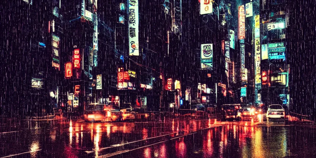 Prompt: a city street at night, raining, photograph, cars on the road, cyberpunk,