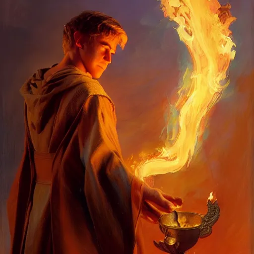 Image similar to young man using fire magic, wearing mages robes, back view, short blond hair, highly detailed painting by gaston bussiere, craig mullins, j. c. leyendecker 8 k