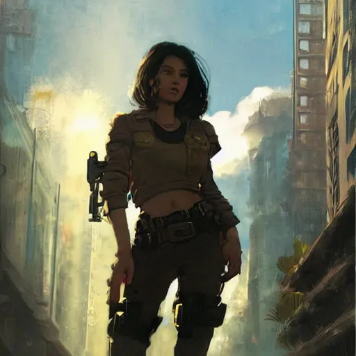 Image similar to fallout 5 miami, charismatic beautiful rugged brunette female protagonist, portrait, outdoors tropical cityscape, atmospheric lighting, painted, intricate, volumetric lighting, beautiful, daytime, sunny weather, few clouds, sharp focus, deep colours, ultra detailed, art by krenz cushart and wenjun lin