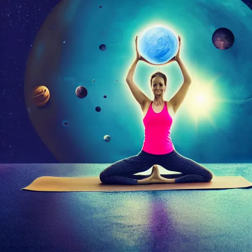 Image similar to yoga instructor holding planet in space, trending high quality art station, cinematic shot, magical colors and atmosphere, perfect composition, coherent, 8 k