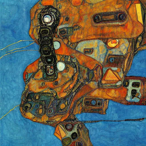 Image similar to Egon Schiele painting of DreamBotMothership, highly detailed