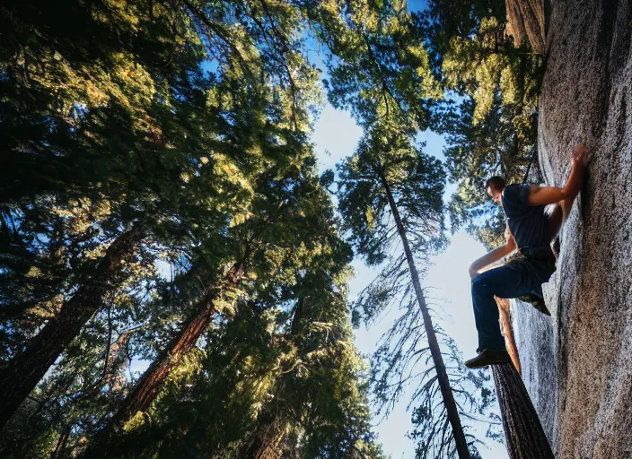 Prompt: a 2 8 mm macro wide angle photo of a man freeclimbing in yosemite national park, splash art, movie still, bokeh, canon 5 0 mm, cinematic lighting, dramatic, film, photography, golden hour, depth of field, award - winning, anamorphic lens flare, 8 k, hyper detailed, 3 5 mm film grain, hazy