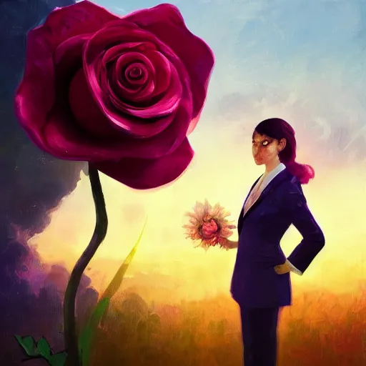 Image similar to closeup, giant rose flower head, frontal, girl in a suit, surreal photography, sunrise, dramatic light, impressionist painting, digital painting, artstation, simon stalenhag