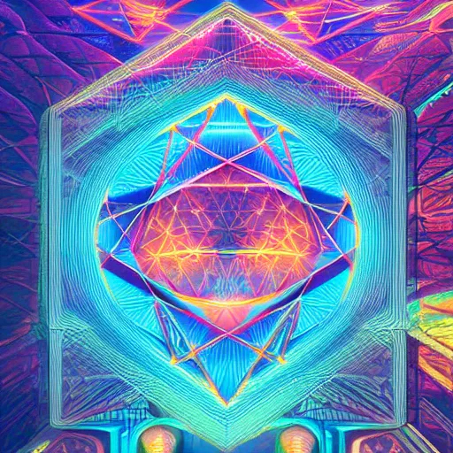 Image similar to matte painting of the sacred geometry of cyberpunk, brilliant colors, extremely detailed, very very detailed, in the style of alena aenami by Alex grey, HD, 4k, 8k