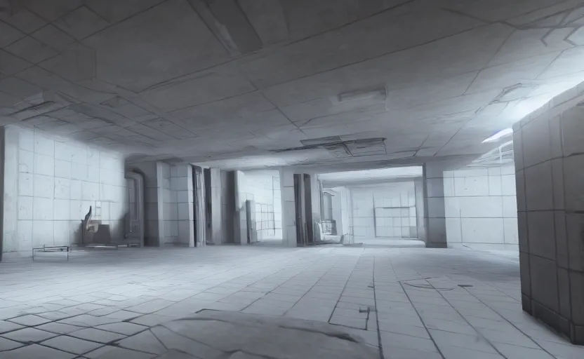 Image similar to in - game screenshot of a first person shooter on unreal engine 5, narrow modern hallways of a secret government facility, white dry wall, photorealistic, liminal, brutalism, minimalism, soft vintage glow