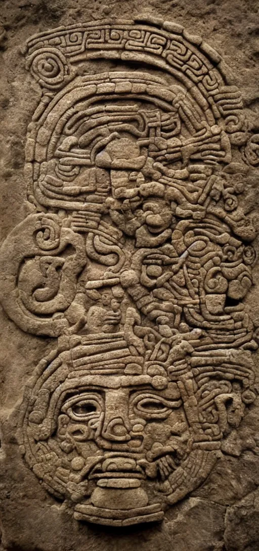 Prompt: a nicely lit high definition digital 8 0 mm photo of ancient mayan wall sculpture engraving about aliens and marijuana