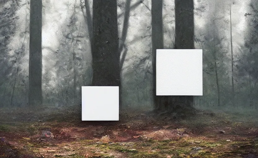 Image similar to one textured white metallic cube on the ground in the forest, realistic sci-fi painting by simon stålenhag, digital art, trending on artstation