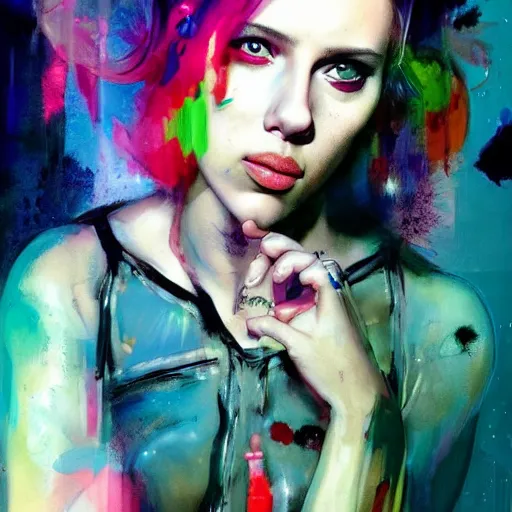 Image similar to scarlett johansson as delirium from sandman, ( hallucinating colorful soap bubbles ), by jeremy mann, by sandra chevrier, by dave mckean and richard avedon and maciej kuciara, punk rock, tank girl, high detailed, 8 k