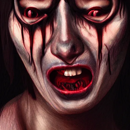 Prompt: demon woman crying in the style of junji ito. hyperdetailed photorealism by greg rutkowski, 1 0 8 megapixels, cinematic lighting