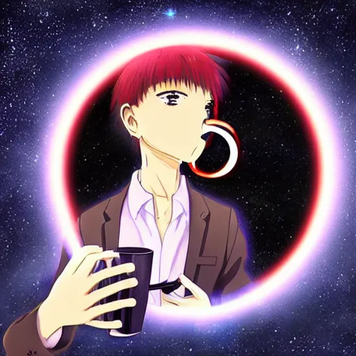 Image similar to 4k_digital_art_surreal_anime_of_an_anime dude_drinking_a_cup_of_cosmic_energy_bright_light