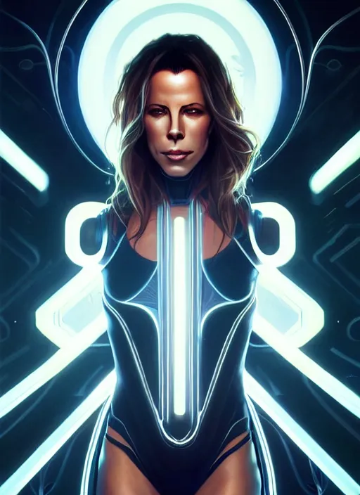 Image similar to symmetry!! portrait of kate beckinsale, sci - fi, tech wear, glowing lights!! intricate, elegant, highly detailed, digital painting, artstation, concept art, smooth, sharp focus, illustration, art by artgerm and greg rutkowski and alphonse mucha