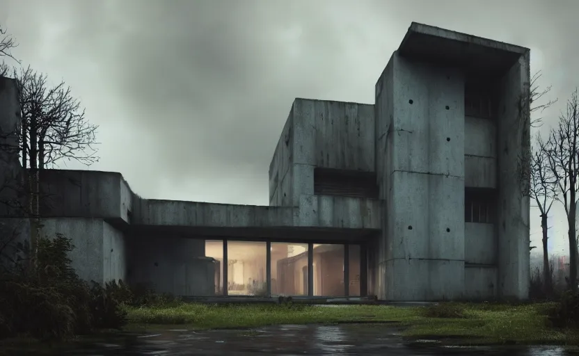 Prompt: a wide angle exterior shot of a brutalist architecture house with rainy and moody cinematic lighting by darek zabrocki and greg ruthkowski, alphonse mucha, simon stalenhag and cinematic and blue cold atmospheric, architectural visualization, archiviz, archdaily, deezen, design milk, archillect concept art, artstation, trending on artstation