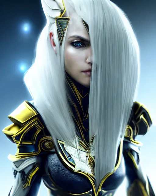 Image similar to perfect white haired attractive egyptian goddess, warframe armor, beautiful, symmetric, dreamy, half asian, pretty face, green eyes, charlize theron, detailed, scifi platform, laboratory, experiment, 4 k, ultra realistic, epic lighting, android body, illuminated, cinematic, masterpiece, art by akihito tsukushi, voidstar