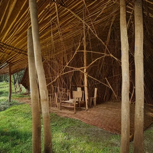Prompt: A forest hut covered with cloth, built with many floors and many sticks. :: Earth tones, hyper realistic, beautiful light, volumetric light