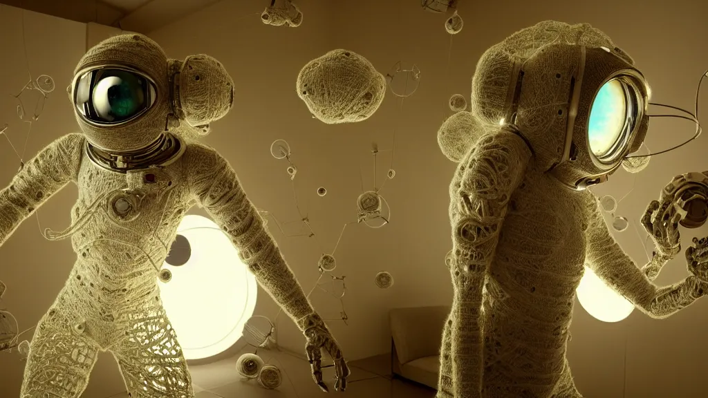 Image similar to a cybernetic symbiosis of a single astronaut eva suit made of wearing knitted yarn thread infected with diamond 3d fractal lace iridescent bubble 3d skin covered with insectoid compound eye camera lenses floats through the living room, film still from the movie directed by Denis Villeneuve with art direction by Salvador Dalí, wide lens,