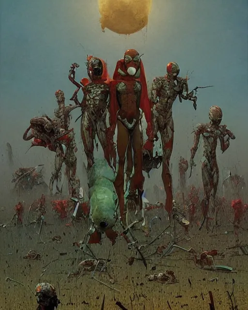 Image similar to dead superheroes on the ground, retrofuturism sci - fi old movie, highly detailed, photorealistic, 8 k, by beksinski and stalenhag