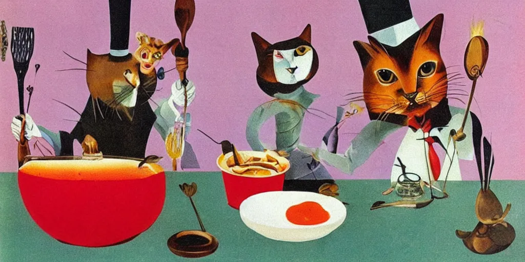 Image similar to anthropomorphic cats chef cooking a delicious colorful soup on TV show, by Salvador Dali