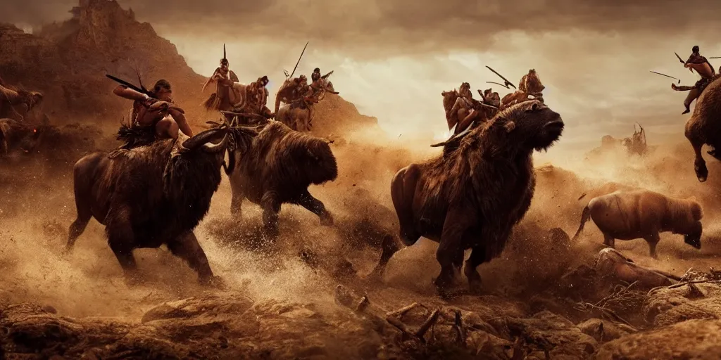 Prompt: indian tribe on wood ATV attacking bisons, action scene, an epic western, dramatic lighting, cinematic, establishing shot, extremely high detail, photorealistic, cinematic lighting, artstation, octane render, old photo, buffalo hunt movie, alpha movie, western